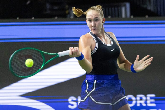 Mirra Andreeva competing at the Singapore Tennis Open WTA 500 quarterfinal 2026