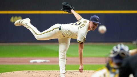 Jacob Misiorowski pitching for Milwaukee Brewers, first pitcher to throw 1000 triple-digit fastballs in a season