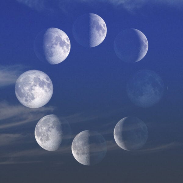 Diagram showing all eight phases of the lunar cycle, from New Moon through First Quarter, Full Moon, and Last Quarter