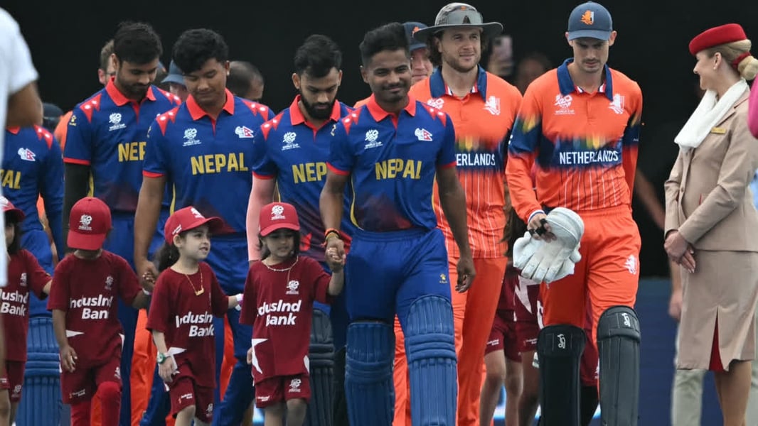 Nepal cricket team in action against Afghanistan at the 2026 Asian Games in Aichi, Japan