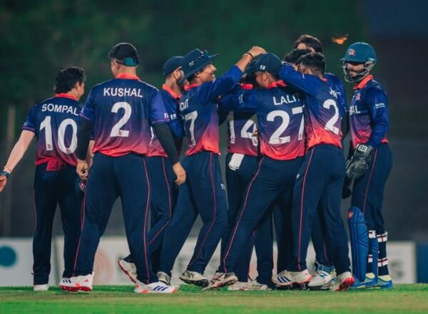 Nepal cricket players celebrate a wicket during the 2026 Asian Games in Aichi, Japan