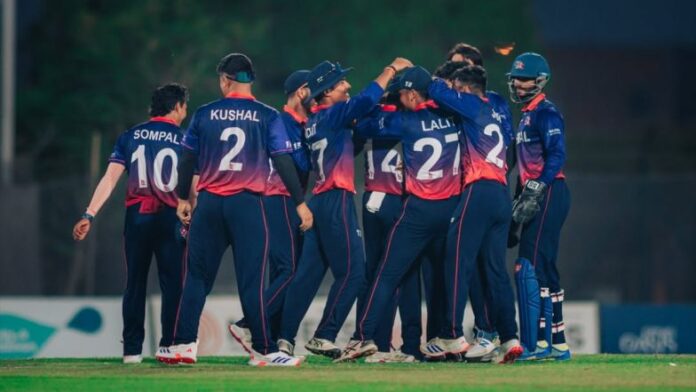 Nepal cricket players celebrate a wicket during the 2026 Asian Games in Aichi, Japan