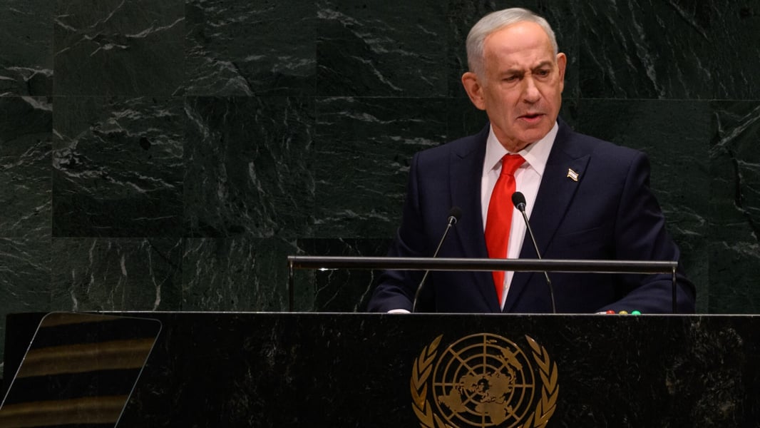 Benjamin Netanyahu gestures while speaking at the United Nations General Assembly