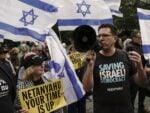 Delegates and protesters outside the UN General Assembly during Netanyahu's 2026 speech