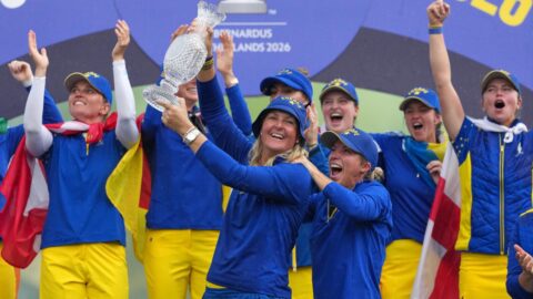 Anna Nordqvist captain of Team Europe celebrates the 2026 Solheim Cup win at Bernardus Golf Netherlands
