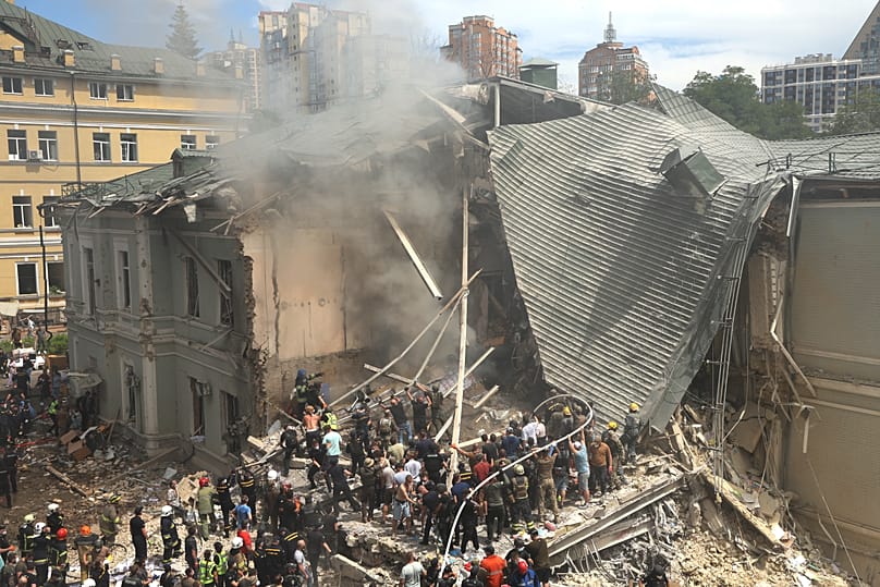 Damage at Okhmatdyt Children's Hospital in Kyiv after the July 8 2024 Kh-101 cruise missile strike ordered by Maj. Gen. Varpakhovich