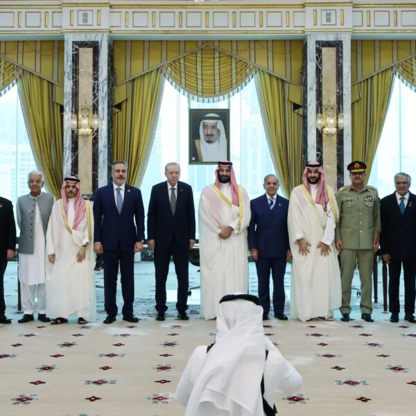 Mohammed bin Salman, Shehbaz Sharif and Recep Tayyip Erdogan at the Mecca Defence Agreement signing ceremony, August 7, 2026