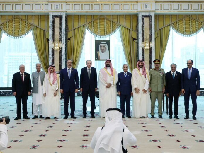 Mohammed bin Salman, Shehbaz Sharif and Recep Tayyip Erdogan at the Mecca Defence Agreement signing ceremony, August 7, 2026