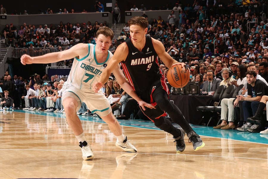 Pelle Larsson handles the ball for the Miami Heat during the 2025-26 NBA regular season