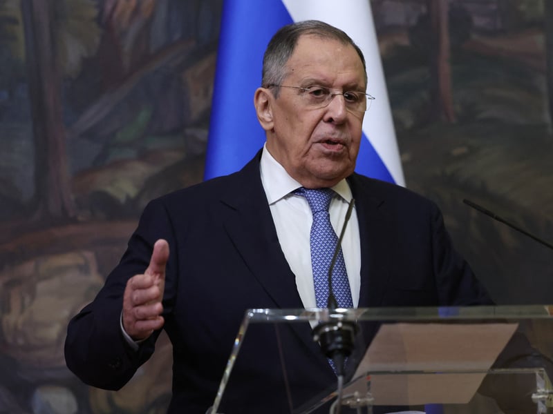 Russian Foreign Minister Sergei Lavrov at a press conference amid Russia Germany diplomatic expulsions