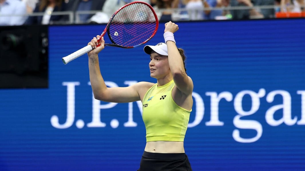 Elena Rybakina celebrates winning the 2026 US Open women's singles title at Arthur Ashe Stadium