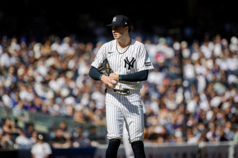 Cam Schlittler pitching for the New York Yankees against the Mets in the Subway Series, September 13, 2026