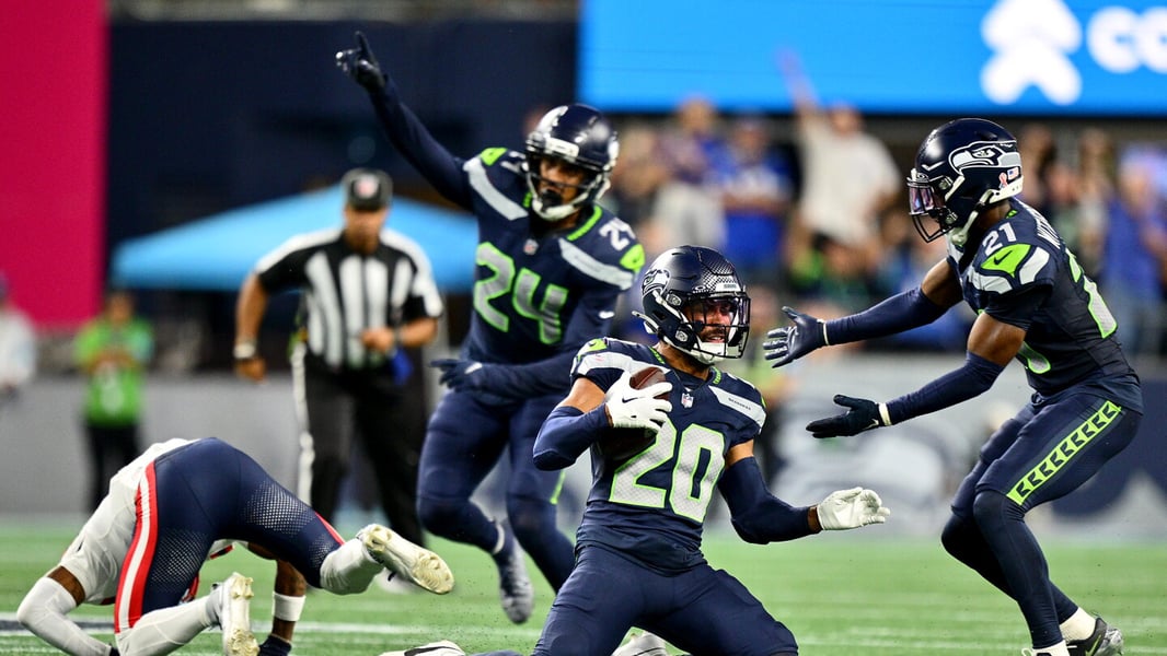 Jaxon Smith-Njigba and the Seattle Seahawks celebrate their 13-10 win over the New England Patriots in NFL Kickoff 2026