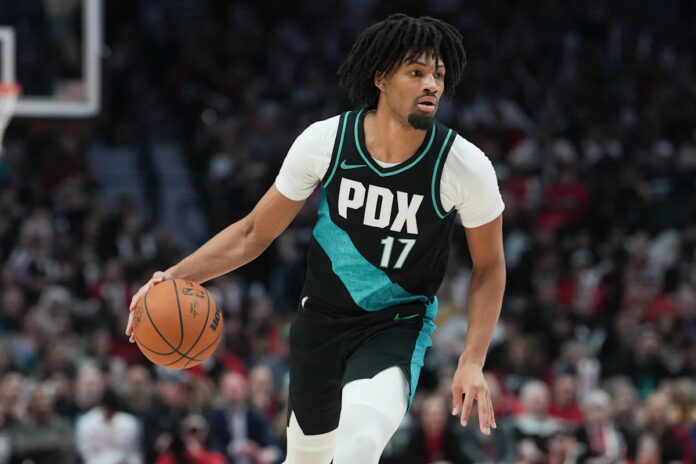 Shaedon Sharpe of the Portland Trail Blazers in action before his meniscus injury