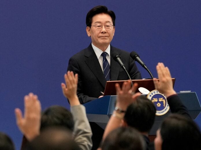 South Korean President Lee Jae-myung at press conference ruling out troop deployment in Iran war