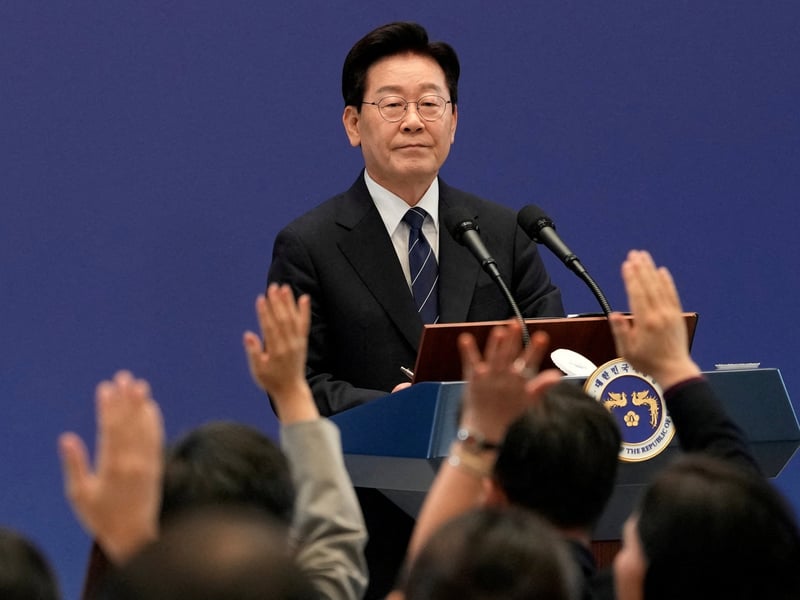 South Korean President Lee Jae-myung at press conference ruling out troop deployment in Iran war