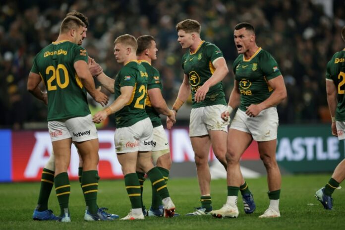 South Africa players celebrate after sealing a 3-1 series win over New Zealand at M&T Bank Stadium in Baltimore