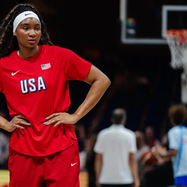 Team USA players celebrate after defeating France 97-79 to win the 2026 FIBA Women's Basketball World Cup gold medal in Berlin