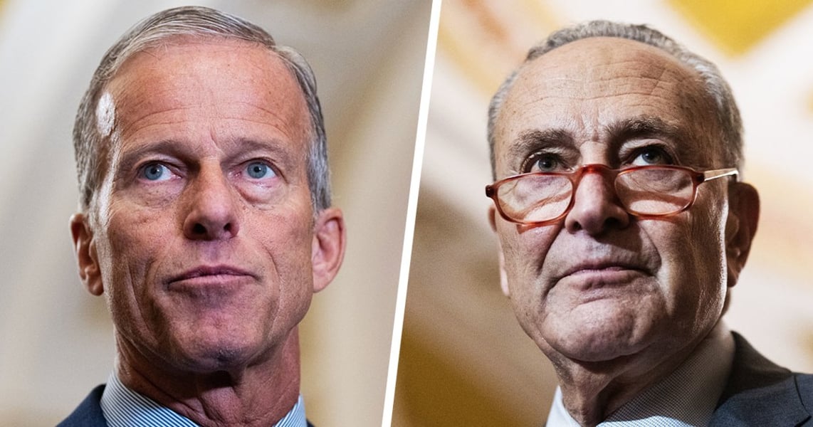 Senate Majority Leader John Thune and Minority Leader Chuck Schumer ahead of the CLARITY Act cryptocurrency vote, September 2026