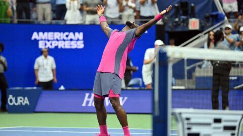 Frances Tiafoe pumps his fist after winning the 2026 US Open quarterfinal against Alex Michelsen