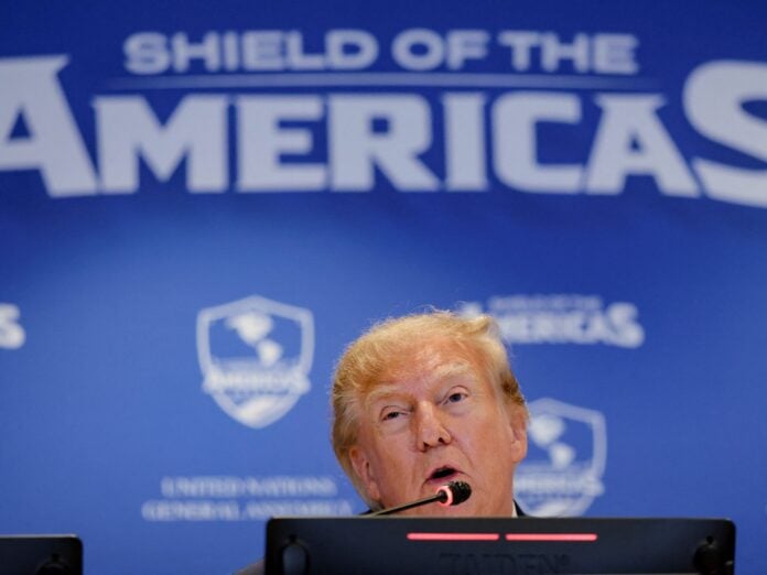 Donald Trump speaking at Shield of the Americas summit at the United Nations General Assembly