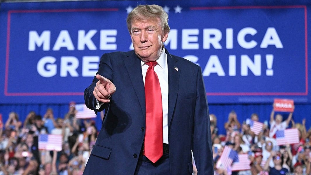 President Donald Trump speaking at a rally ahead of the 2026 Republican midterm convention in Dallas