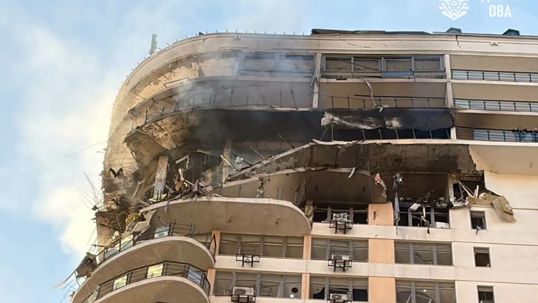 Ukrainian emergency services respond to Russian missile and drone strikes on Odesa Ukraine September 12 2026