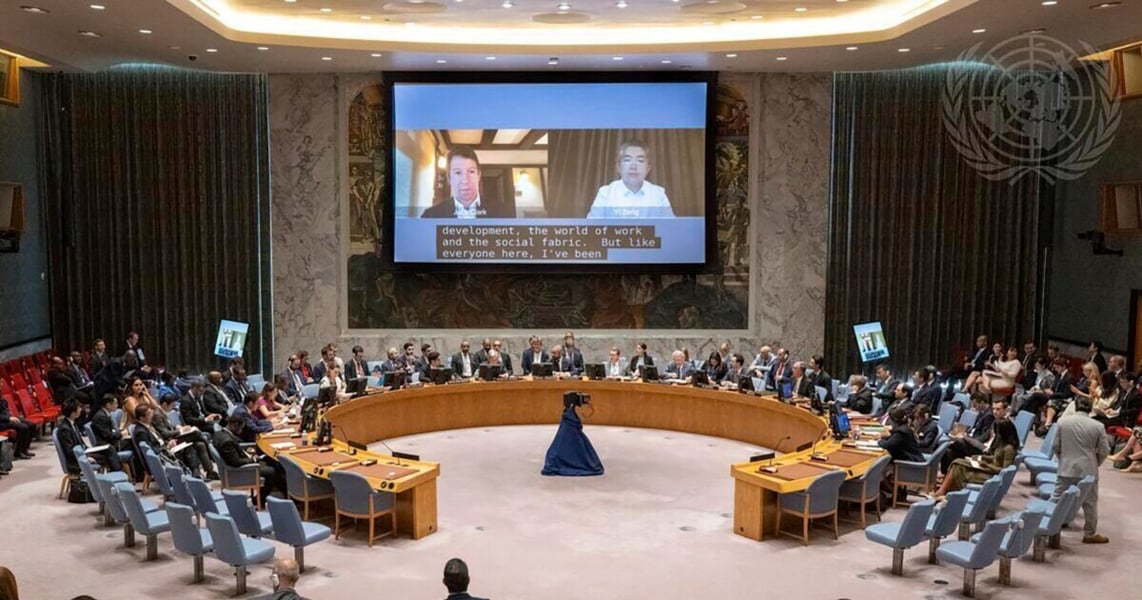 UN Security Council chamber during high-level AI governance briefing September 2026