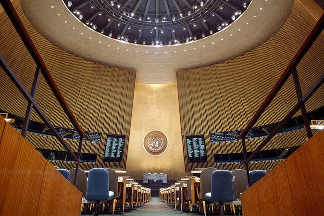 Empty UN General Assembly conference hall ahead of the pandemic prevention preparedness and response meeting 2026