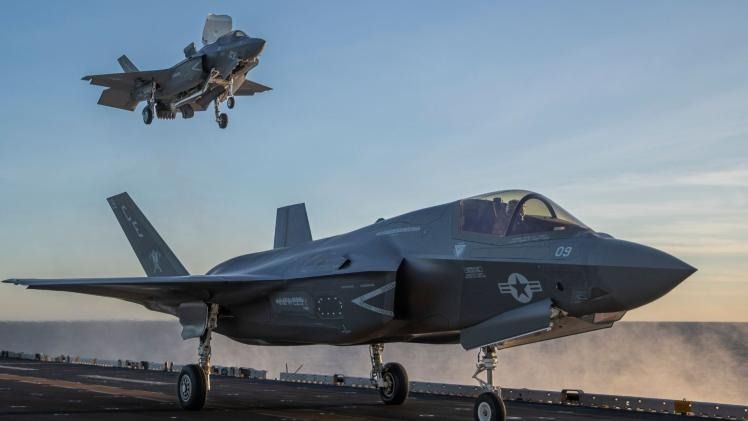 US F-35 fighter jets on the deck of a US Navy aircraft carrier deployed to the Gulf during the Iran-US war