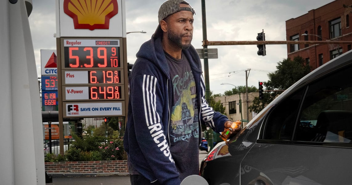 A US gas station showing high fuel prices in September 2026 approaching yearly record levels as Brent crude stays elevated