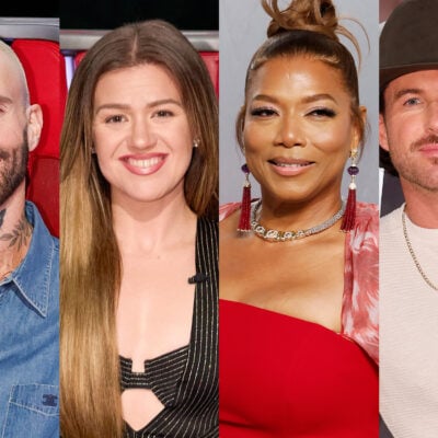The Voice Season 30 coaches Queen Latifah, Adam Levine, Kelly Clarkson, and Riley Green on NBC