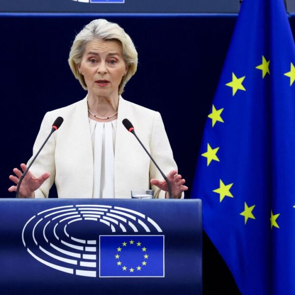 EU Commission President Ursula von der Leyen embraces Canadian PM Mark Carney at SOTEU 2026 in Strasbourg European Parliament