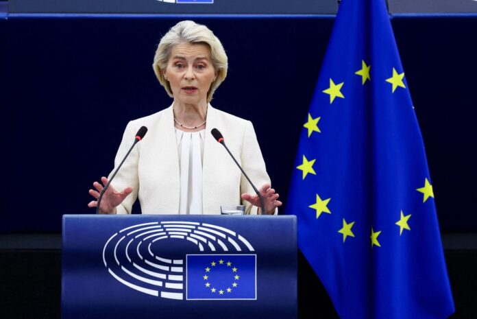 EU Commission President Ursula von der Leyen embraces Canadian PM Mark Carney at SOTEU 2026 in Strasbourg European Parliament