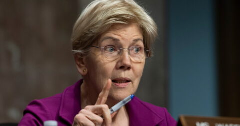Sen. Elizabeth Warren speaking at a press conference about Census Bureau data integrity
