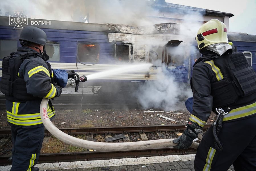 Smoke rising near Yahodyn railway station after Russian drone strike near Ukraine-Poland border, September 2026