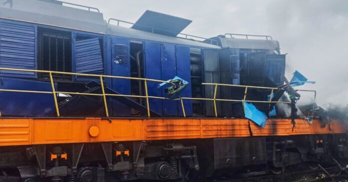 Damaged locomotive at Yahodyn railway station after Russian drone strike near Ukraine-Poland border, September 2026