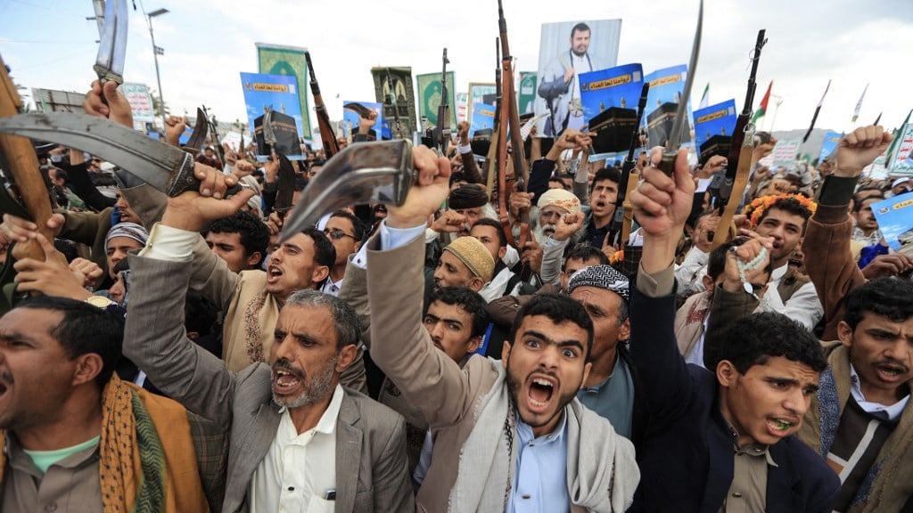 Houthi supporters at a rally in Sanaa, Yemen, September 2026