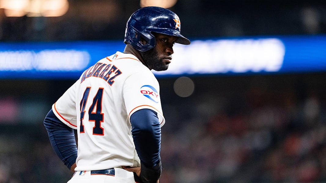 Yordan Alvarez of the Houston Astros batting during the 2026 MLB season while leading the AL in batting average, home runs and RBIs