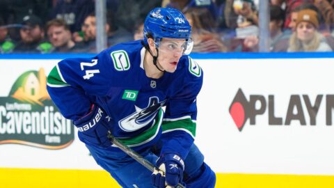 Zeev Buium at a press conference after signing his eight-year contract extension with the Vancouver Canucks