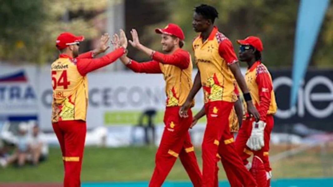 Zimbabwe players celebrate after beating Namibia by five runs in the FNB T20 Tri-Series in Windhoek