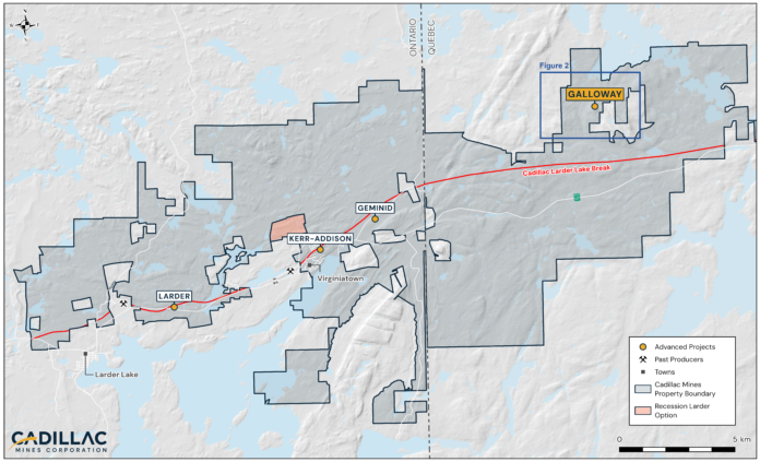 Plan Map showing the location of the Galloway property relative to Cadillac Mines’ other projects and overall land position.