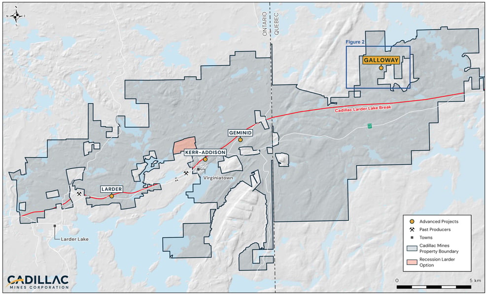 Plan Map showing the location of the Galloway property relative to Cadillac Mines’ other projects and overall land position.