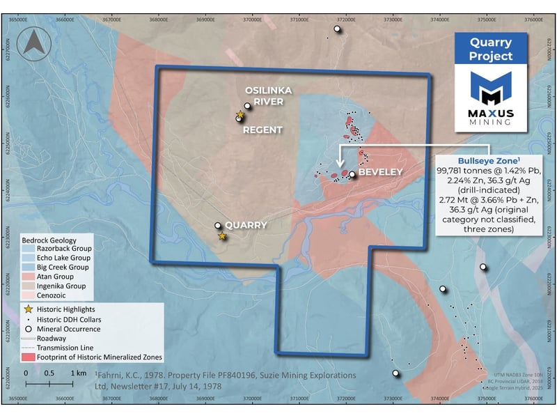 Quarry Project Map, outlining historic mineral occurrences and the Bullseye Zone location.