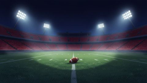 Illustration of a football on the field of an empty college stadium at night