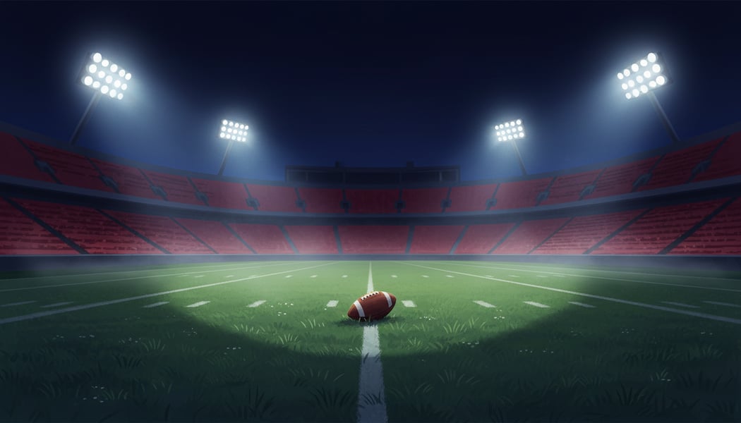 Illustration of a football on the field of an empty college stadium at night