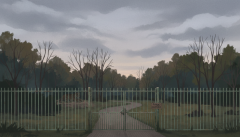 Illustration of a tiger enclosure with a safety fence at dusk in a wildlife park