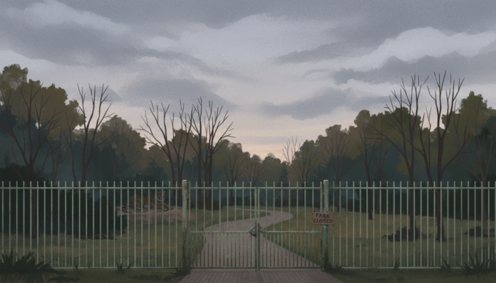 Illustration of a tiger enclosure with a safety fence at dusk in a wildlife park