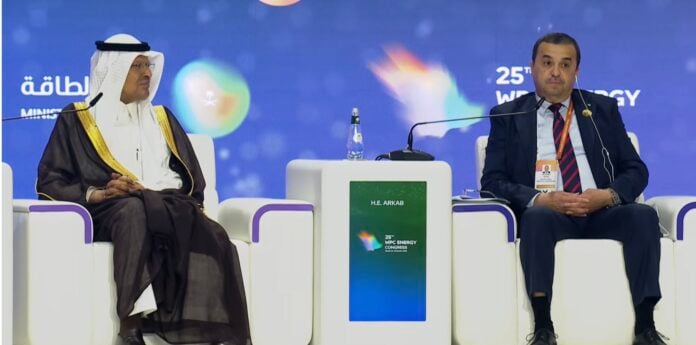 Saudi Energy Minister Prince Abdulaziz bin Salman and Algeria's Mohamed Arkab seated on stage at the 25th WPC Energy Congress in Riyadh