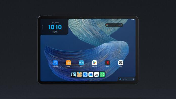 Amazon Alexa Tablet 12 Pro with Nanomatte display showing a webpage and Alexa+ side panel